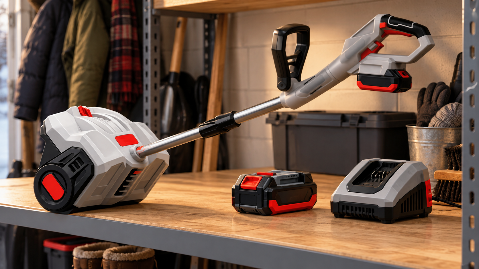20V and 40V lithium battery packs and charger stored on an indoor garage shelf for a cordless snow blower