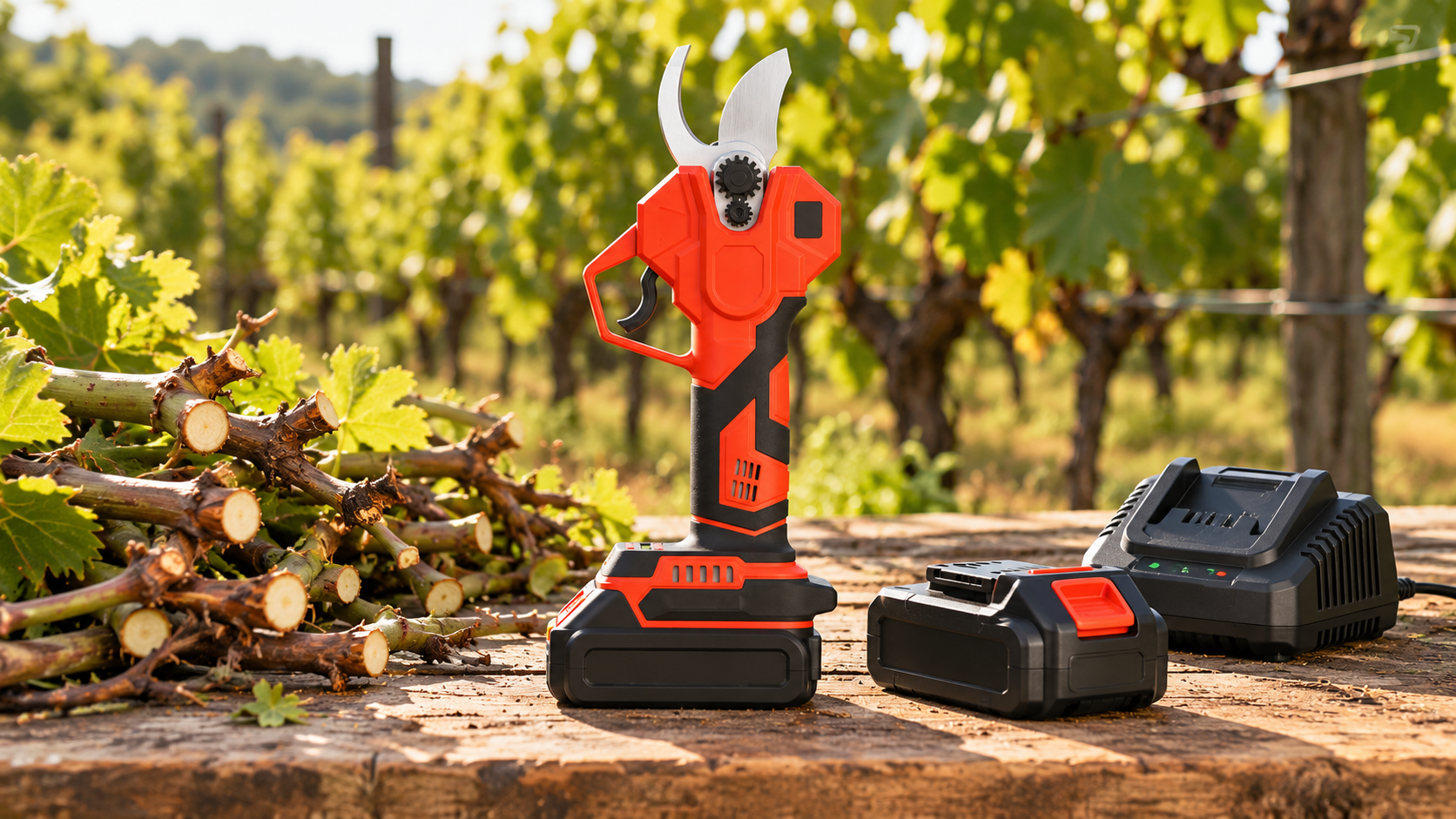 Cordless pruning shears with a 20V lithium battery pack and charger on a workbench beside a coil of pruned vine wood