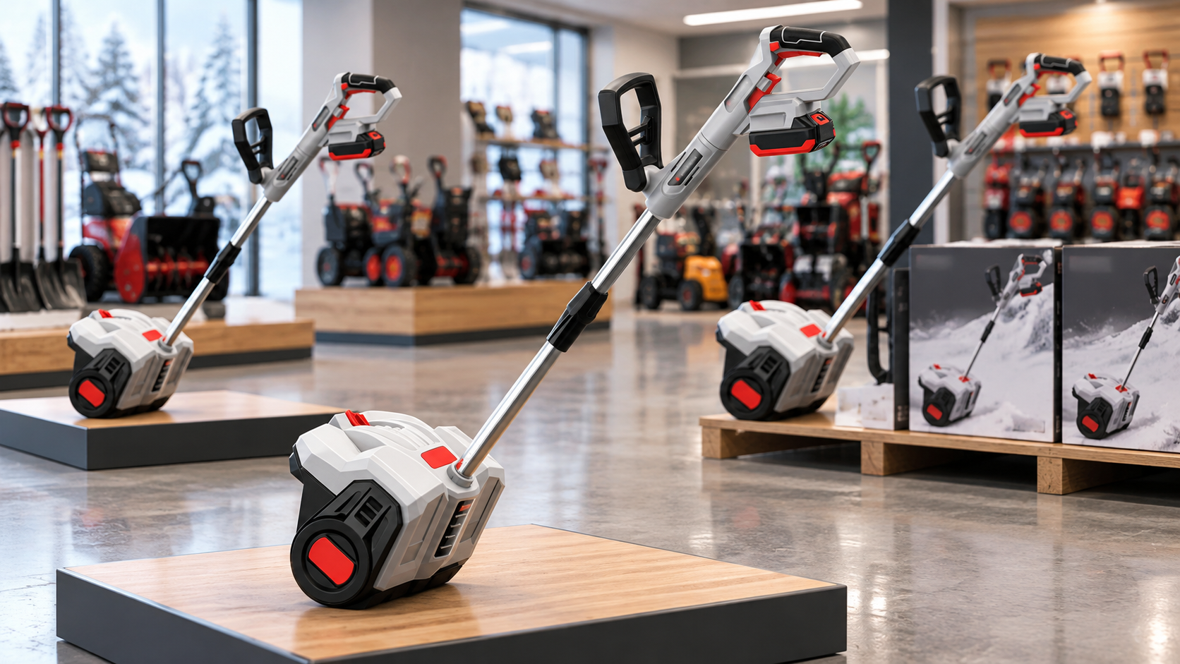 Cordless snow blowers in retail packaging lined up on a dealer showroom floor