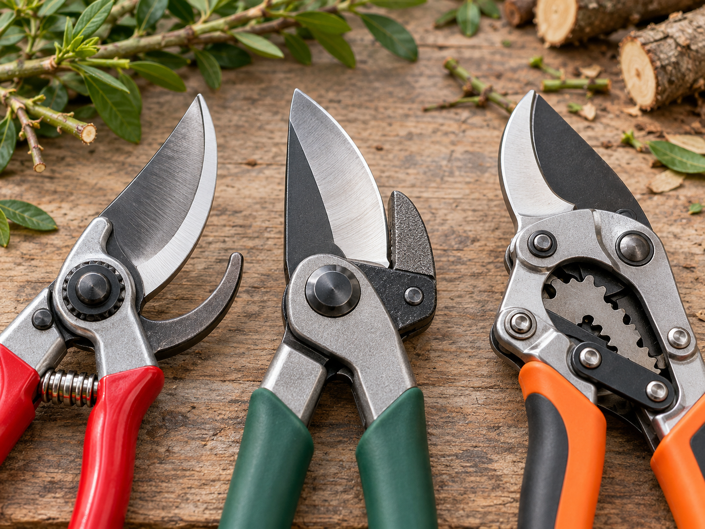 Bypass, anvil and ratchet pruning shear heads laid side by side showing the blade and counter-blade geometry